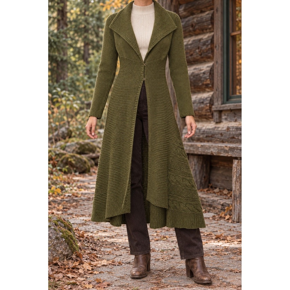Anthropologie Olive Green Wool Blend Duster Cardigan Sweater Earthy Cabin Granol